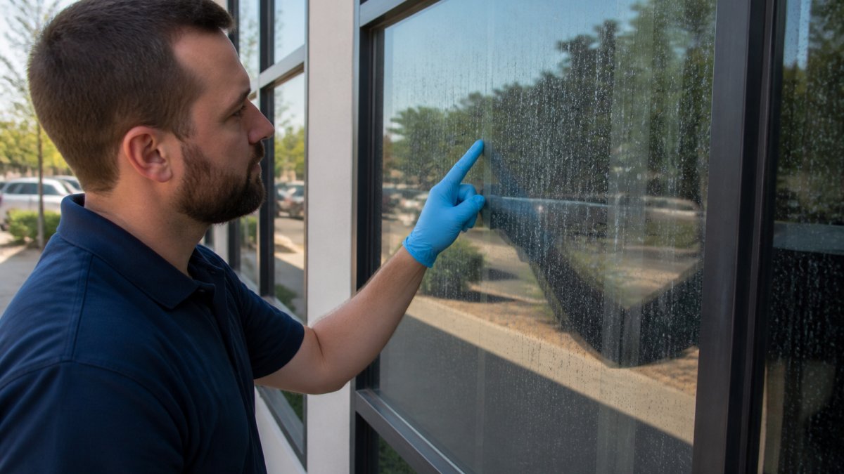 Professional technician examining a commercial building's window glass showing mineral deposits and environmental buildup on the exterior, with gloved hand pointing to affected area for inspection