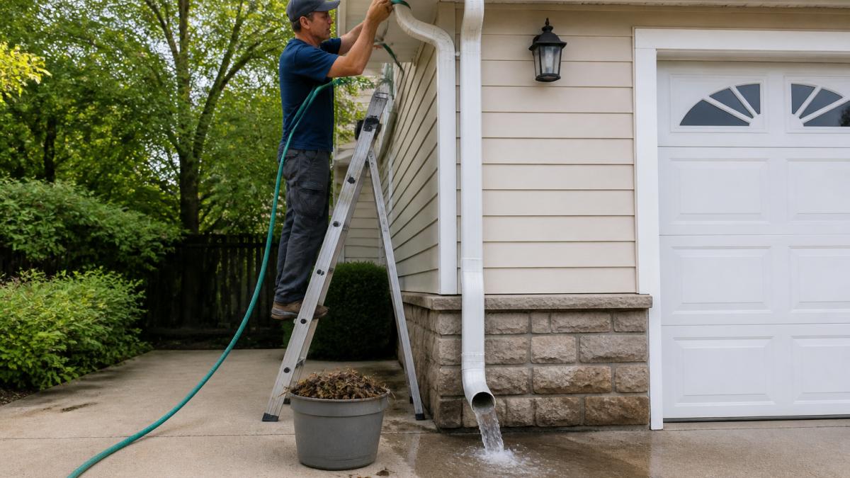 Homeowner using a garden hose to clear downspout clogs from a residential roof gutter system
