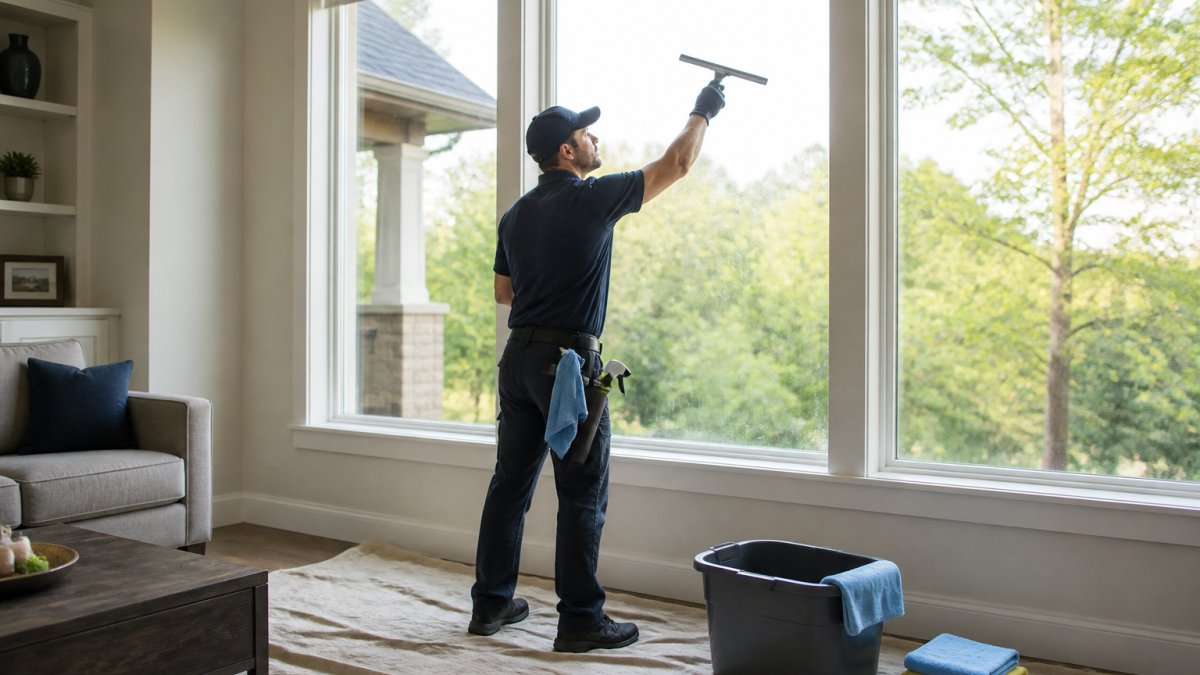A person using a squeegee on a large interior window in a bright living room, with a bucket and microfiber cloths nearby on a drop cloth