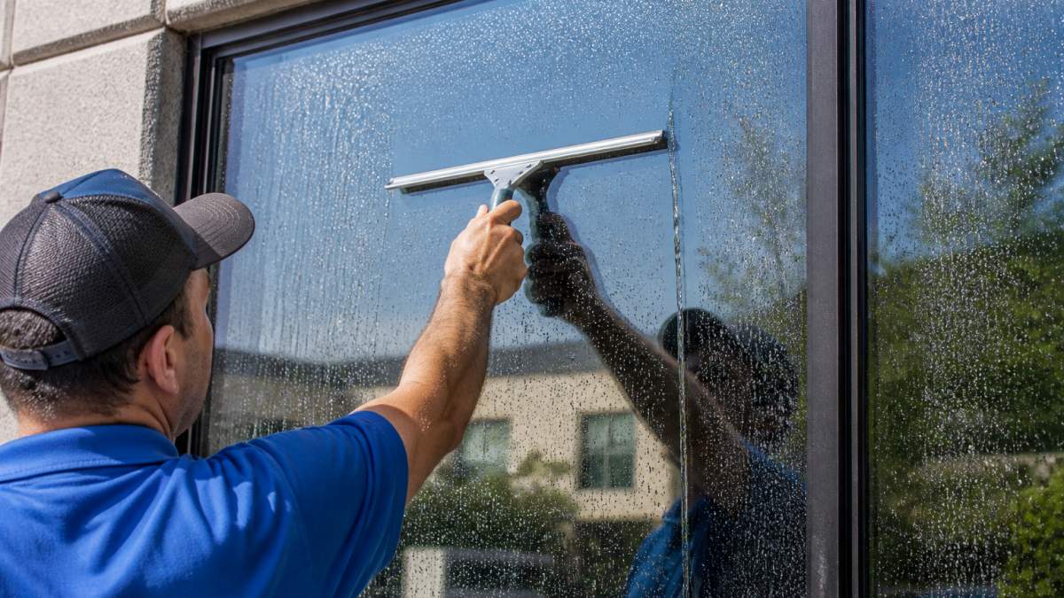 Close-up of professional window cleaner using squeegee on exterior glass with water droplets and mineral deposits visible before cleaning