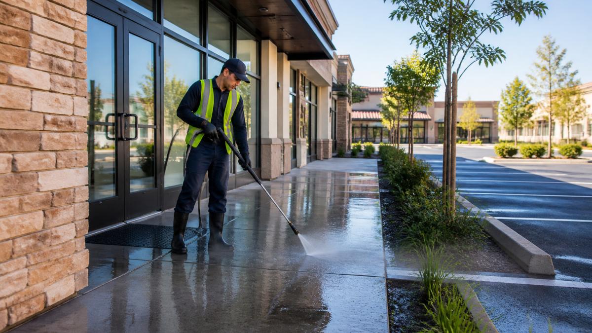 A technician in safety gear pressure washing the concrete walkway and entryway of a low-rise commercial building, with a storefront and parking area visible in the background under clear daylight