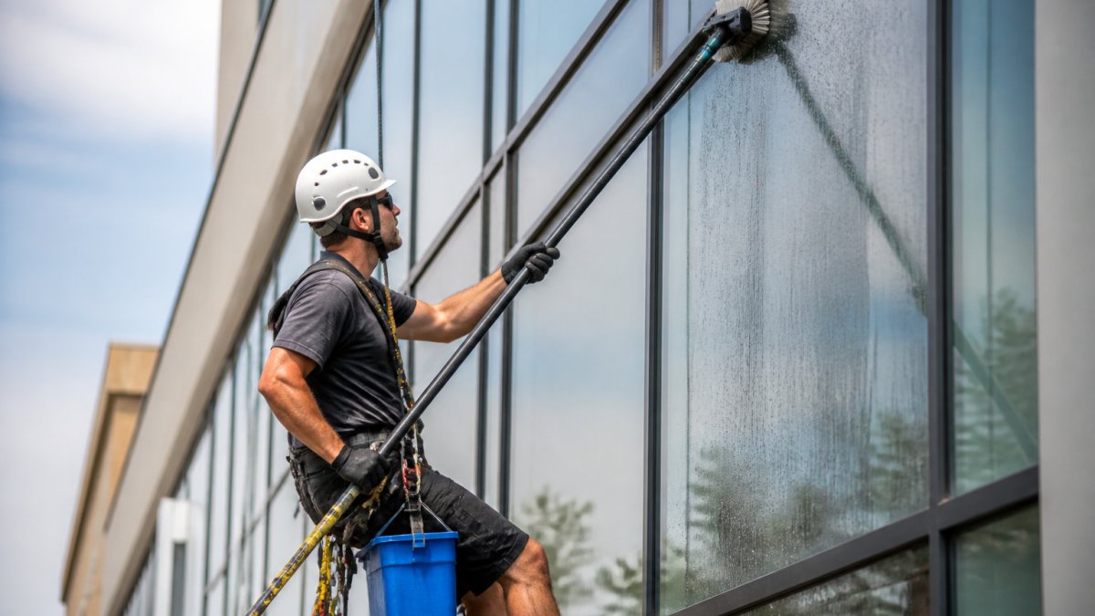 Professional window cleaner wearing safety harness, hard hat, and protective gloves while working on multi-story commercial building exterior with water-fed pole equipment