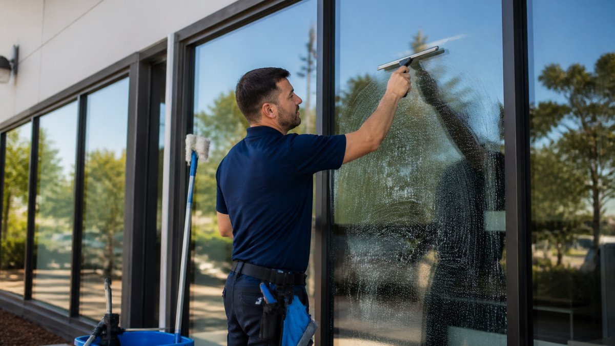 A professional window cleaner in a work shirt squeegeeing a large exterior window, bucket and extension pole nearby, bright daylight reflecting off clean glass